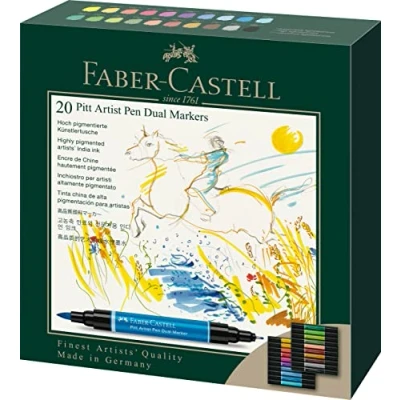 Image of Faber Castell Art &amp; Graphic Pitt Artist Pen Dual Marker India Ink, Multicoloured, Wallet Of 20, For Art, Craft, Drawing, Sketching, Home, School, University, Colouring