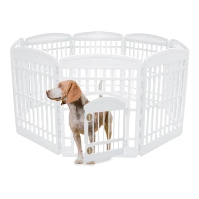 Image of Iris Ohyama Dog Pen with Lockable Door, H90cm, 8 Panels, White, Cage, Plastic, Puppy Enclosure, for Rabbit Runs, Indoors, Outdoors, Playpen Dogs, Cats, Rodents, Pets, Fence, Kennel, CI 908