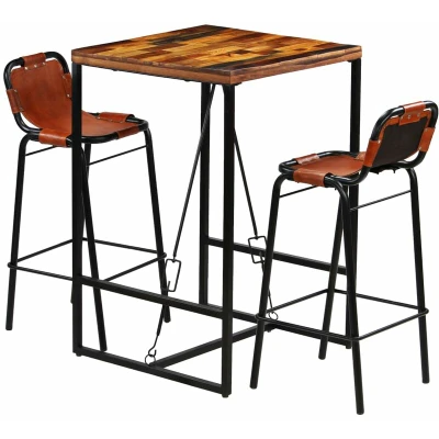 Image of vidaXL Bar Set 3 Pieces Solid Reclaimed Wood and Genuine Goat Leather
