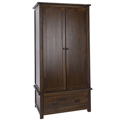 Image of Home Source Denver Wardrobe Cabinet, 2 Door Solid Pine Bedroom Storage Cupboard, 1 Drawer, Wood