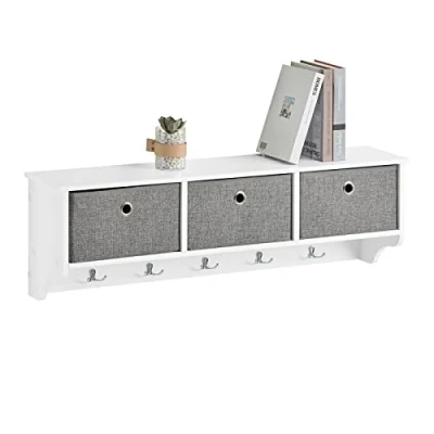 Image of SoBuy FRG282 W, Wall Coat Rack Shelf Storage Cabinet Unit with 3 Baskets 5 Hooks, White