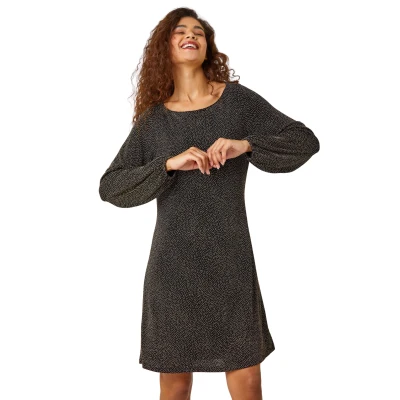 Image of Roman Glitter Cowl Cutout Swing Stretch Dress for Women UK Ladies Autumn Everyday Winter Holiday Round Neckline Comfy Long Sleeve Soft Knee Length Frock Dinner Out Gowns Gold Size 10