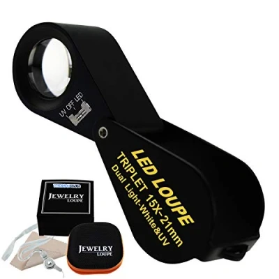 Image of 21mm LED Loupe Jeweler Magnifier Magnification Dual 6 Lights (White) &amp; UV Light, Black Frame, Foldaway Pocket, Achromatic Aplanatic, Triplet Lens Magnifying Gem (15x Magnification)