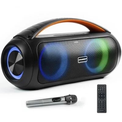 Image of DYNASONIC D93 Portable Bluetooth Speaker IPX7 Waterproof. Wireless Outdoor Speaker. Stereo. Powerful sound player with built in LED lights. Micro SD, USB.