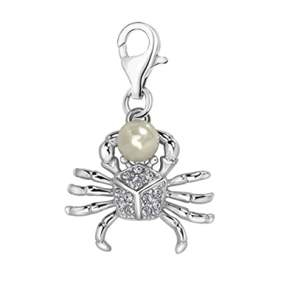 Image of Quiges 925 Sterling Silver White Cubic Zirconia and Imitation Pearl 3D Ocean Crab Lobster Clasp Charm Clip on Pendant