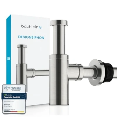 Image of Bächlein Design Siphon for Washbasin and Washstand Brushed Stainless Steel Odour Trap with Cleaning Opening + Installation Instructions Tubular