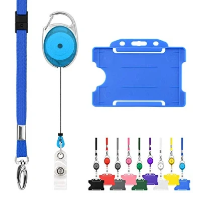 Image of Pack of 10 Retractable Lanyard and Badge Holder Trio Triple by LanyardsTomorrow Set Includes Plain Lanyards, Extendable Carabiner Yoyo Reel Clips Rigid ID Card Holders (Blue)