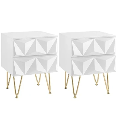 Image of EUGAD Set of 2 Bedside Table with Drawers, 3D Ftront, Nightstand Metal Legs,40x40x53cm, Modern Bedroom Cabinet,Living Room Side Storage, White Chest 0001CTG