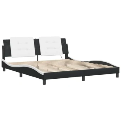 Image of vidaXL Super King Faux Leather Bed Frame with LED Lights Black/White, Plywood Slats, Supportive Headboard
