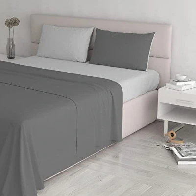 Image of Italian Bed Linen Natural Color Set (Flat 250x300, Fitted Sheet 170x200cm+2 Pillowcases 52x82cm), Petrol Bottle Green, Light Gray/Smoke, DOUBLE