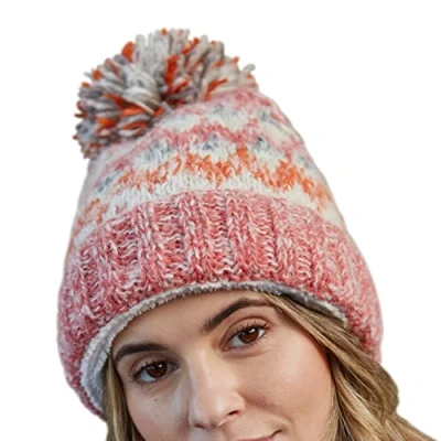 Image of Pachamama Women Wool/Mohair Beanie Bobble Hat Sherpa Fleece Lined Handknitted Soft Stripe One Size Handmade Extra Warm Fair Trade (Brick)