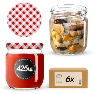 Image of KADAX Jam Jars 425 ml, Preserving with Airtight Lids for Homemade Marmalade, Jelly and Honey, Glass Storing Herbs (Red Grid, Set of 6)
