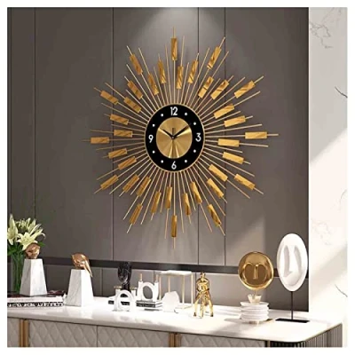 Image of ZEBEYE Wall Clock,28IN Decorative Gold Sunburst Clocks,Large Sun Shape Wrought Iron Silent Non ticking Quartz Clock for Living Room Office Background