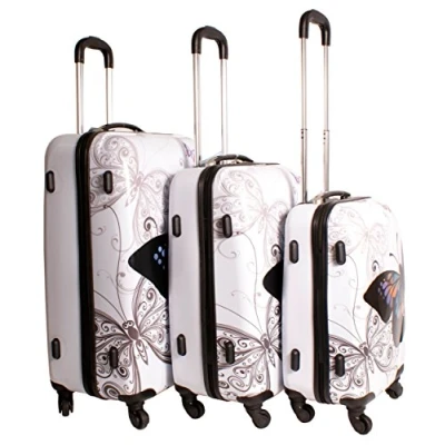 Image of 2408 Butterfly White Suitcase Multicolour Design Set of 3 Suitcases Super Lightweight 4 Wheels Funky Luggage Hard Plastic