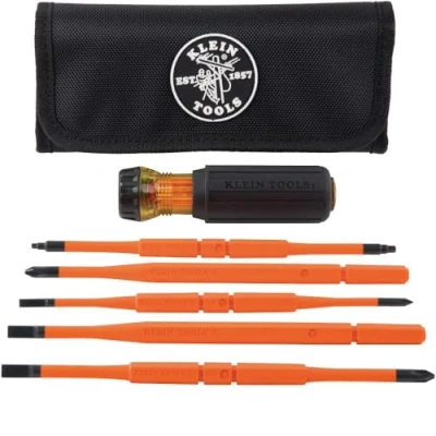 Image of Klein Tools 32288 Insulated Screwdriver, 8 in 1 Screwdriver Set with Interchangeable Blades, 3 Phillips, Slotted and 2 Square Tips, Black/Orange