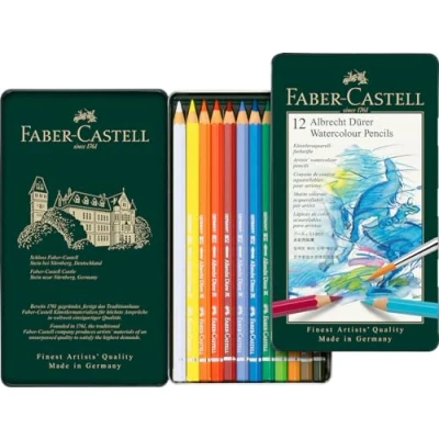 Image of Faber Castell Art &amp; Graphic Albrecht Dürer Watercolour Pencil, Multicoloured, Tin Of 12, For Art, Craft, Drawing, Sketching, Home, School, University, Colouring