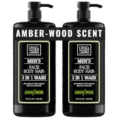 Image of Dead Sea Collection Mens Shower Gel 3 in 1 with Amberwood Oil and Salt Body Wash, Shampoo for Men, Face Wash Pack of 2 (1000 ml. each)