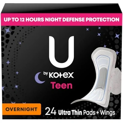 Image of U by Kotex Balance Sized for Teens Ultra Thin Overnight Pads with Wings, 24 Count (Packaging May Vary)