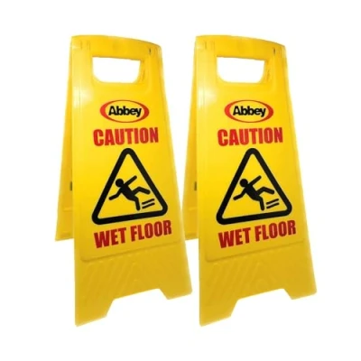 Image of Abbey Pack of 2 Warning Caution Wet Floor Sign Yellow 640mm Height Cleaning in Progress Printed on the Other Side Mini Ideal for Commercial Business use