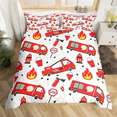 Image of Fire Truck Painting Duvet Cover Set Cute Cartoon Car Comforter Firemen Vehicle Bedding Engine Bedspread for Kids Boys Girls Single Size With 1 Pillow Case
