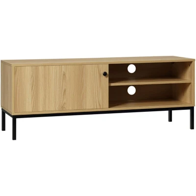 Image of HOMCOM Retro TV Stand Cabinet for TVs up to 50&quot;, Unit with 3 Compartments, Cable Management, Sliding Door Living Room, Natural Wood Finish