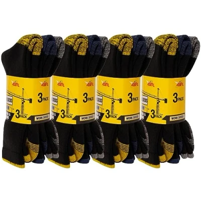 Image of ASRL 12 Pairs Men&#039;s Work Socks Heavy Duty Black Heel hiking walking and Toe Re inforced Fully Cushioned Thick Men Size UK 6 11