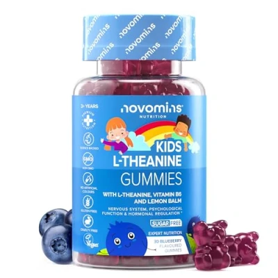 Image of Kids L Theanine Gummies Focus &amp; Concentration Chewable Childrens Supplements 50 Mg with Lemon Balm Vitamin B6 Vegan Non GMO Gluten Free by Novomins