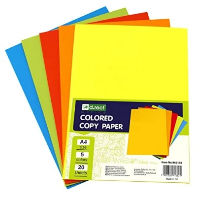 Image of D.RECT Printer Paper Coloured A4 Copy Multicolour Mix of 5 Colours, for Inkjet and Laser Printers, 5x20 (100) Sheets