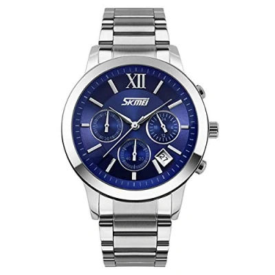 Image of SKMEI Mens Blue Chronograph Watch Multi Dial Date Display Steel Strap UK