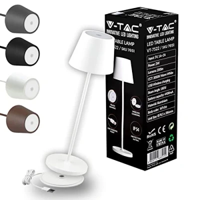 Image of V TAC Dimmable LED Table Lamp Wireless with Touch Control Rechargeable White for Indoor and Outdoor Use IP54 Home Restaurant 4400 mAh Battery Warm 3000 K