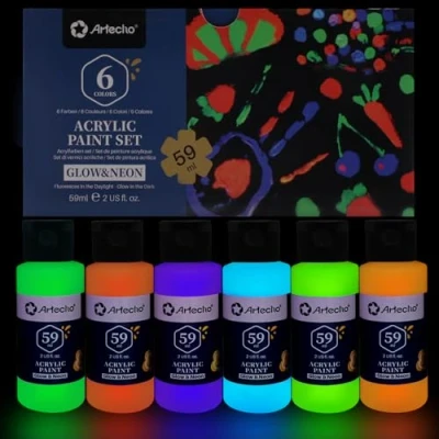 Image of Artecho Acrylic Paint Set for Art Painting, Decorate, 6 Neon and Glow in the Dark Colors 2 1 Ounce/59ml Supplies Wood, Fabric, Crafts, Canvas, Leather&amp;Stone
