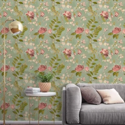 Image of Lola Green Floral Wallpaper Pink Roses Flowers Butterflies Smooth Matte Non Woven Designer for Living Room Bedroom (Sample)