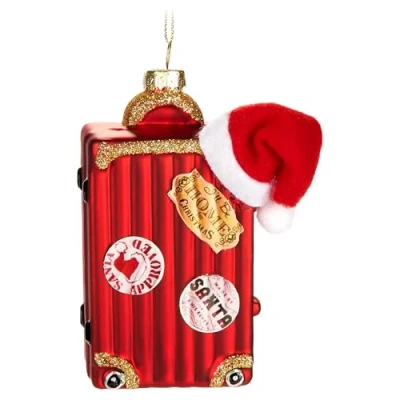 Image of BRUBAKER Santa&#039;s Suitcase Hand Painted Glass Christmas Bauble 4.7 inches (12 cm) Tree Red with Santa Hat Mouth Blown Decoration