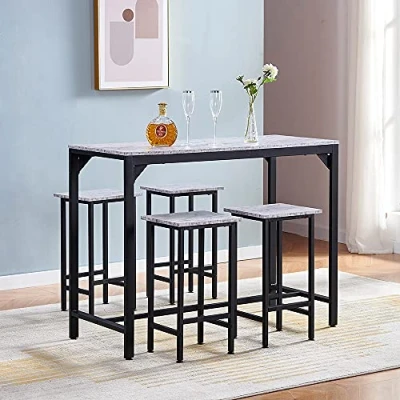 Image of BonChoice 5 Pieces Bar Dining Table and Stool Set 4, Counter Height Set, Great for Breakfast Nook, Kitchen Room, Mini Pub or Patio (White Marble Vein Tabletop)