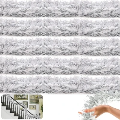 Image of HOVUK® 5PCs Silver/White Chunky Tinsel Garlands 2M White Garland Christmas Tree Decoration, Thick and Thin Tinsels for Xmas Party Home Decoration