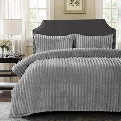 Image of YORKSHIRE HOMEWARE Chunky Rib Duvet Cover Sets Teddy Soft &amp; Cosy Luxury Fleece Easy Care Quilt Bedding Covers Pillowcases (Silver, Single)
