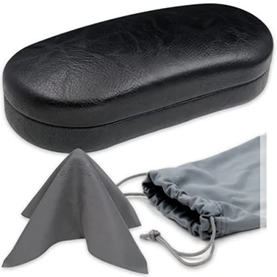 Image of MyEyeglassCase Large Sunglasses Case Glasses Holder With Pouch &amp; Cloth Eyeglass Hard shell Medium Extra frames, As87 Black Pouch, L