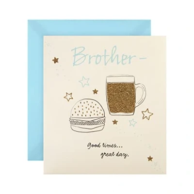 Image of Hallmark Birthday Card for Brother Classic Glitter Embellished Beer and Burger Design