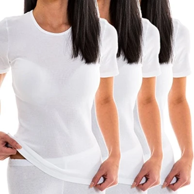 Image of HERMKO 1800 Pack of 3 Short Sleeved Vests for Women, 100% bio Cotton, Colour:White, Size:18/20 (L)
