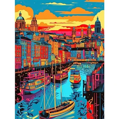 Image of Artery8 Vibrant Liverpool City Waterfront Sunset Cityscape Large Wall Art Poster Print Thick Paper 18X24 Inch
