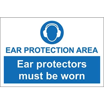 Image of ear protection area protectors must be worn Safety sign Self adhesive sticker 200mm x 150mm