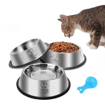Image of 3 Pack Cat Bowl Stainless Steel, Non Slip Metal Food Water Bowls, Pet Feeding with Rubber Base for Indoor Cats Small Dogs