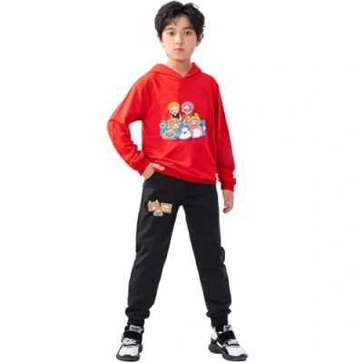 Image of LANKYBOX 2 Pieces Kids Cotton Hoodie and Joggers Set Piece Boys Girls Long Sleeve Top Foxy Boxy Jumper Hoody Sweatshirts (UK, Age, 11 Years, 12 Regular, Red)