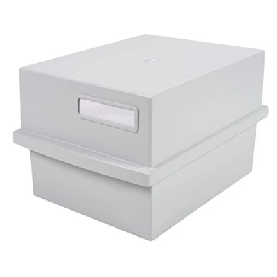 Image of Exacompta Ref 56240D Record Card Holder with Lid 240 x 176 143mm in Size, A6 Horizontal Format, Front Label for Identification, Holds Approx. 600 Sheets Light Grey