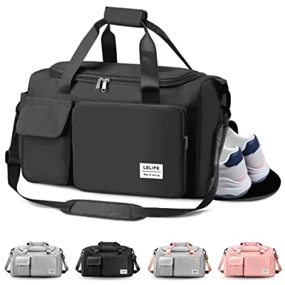 Image of Gym Bag, Travel Bag with Wet Pocket, Portable Overnight Bags for Women, Waterproof Lightweight Holdall Men, Weekender, Vacation(Black)