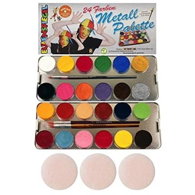 Image of Eulenspiegel 224007 professional aqua makeup, 24 colors, 3 brushes, sponges, metal palette