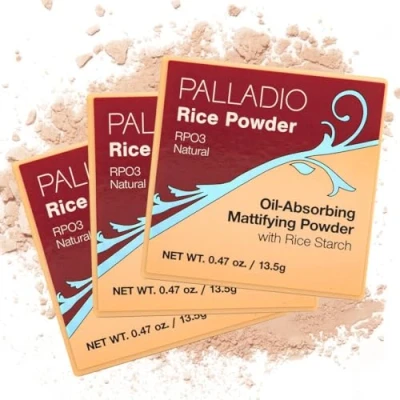 Image of Palladio Rice Powder with Sponge Applicator, Loose Setting Powder, Absorbs Oil, Leaves Face Looking and Feeling Smooth, Helps Makeup Last Longer For a Flawless Fresh Look (Natural, Pack of 3)