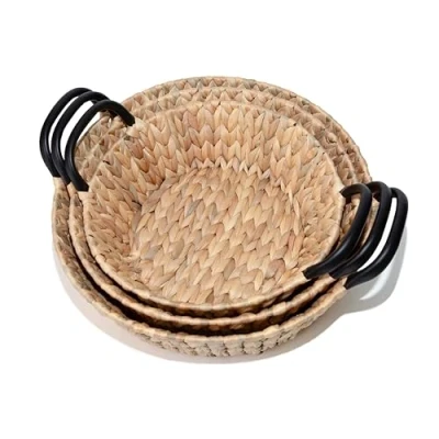 Image of Wickerfield Water Hyacinth Storage Basket for Shelves Wicker Gift Hamper with Black Handle Small Home Office Bathroom Organizer (Round, Set)