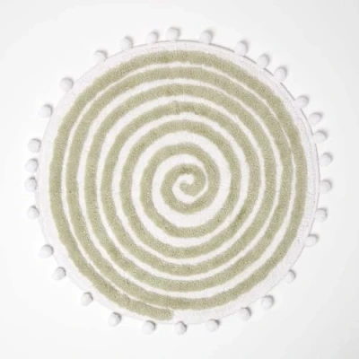 Image of HOMESCAPES Cotton Blend Spiral Bath Mat Sage Green Super Absorbent Tufted Round Bathmat with Pom Poms, 60 cm