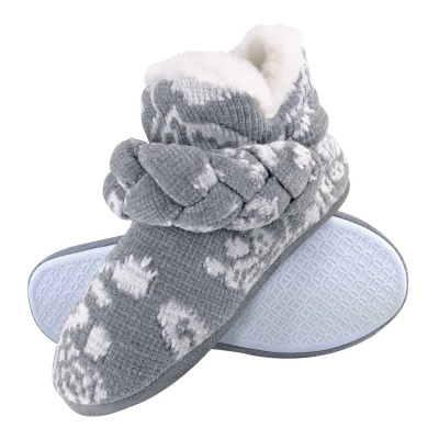 Image of Dunlop Ladies Knitted Warm Fleece Plush Slippers Booties in Grey Fairisle and Pink Cord Styles (8 UK, 8033 Grey)